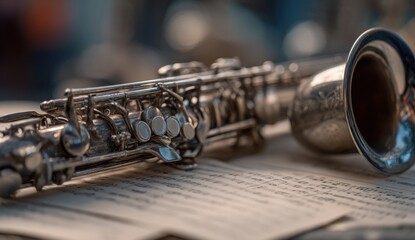 Obraz premium Saxophone lies on sheet music close up