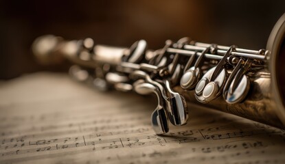 Fototapeta premium Clarinet instrument on sheet music close up