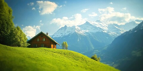 Obraz premium Alpine chalet nestled on a grassy hill, mountains in the background