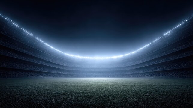 3D rendering of an American football stadium with a grass field and lights inside the stands.