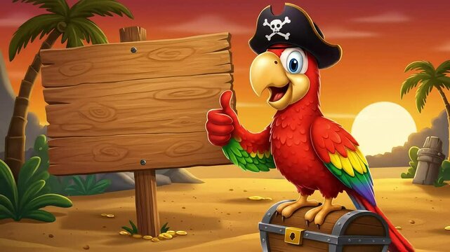 Pirate Parrot & Blank Sign on Tropical Island