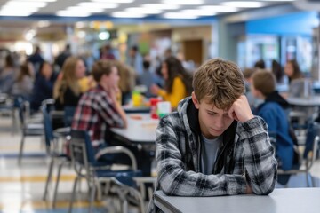 Young male student in a plaid shirt sitting alone at a cafeteria table, looking contemplative and distressed, surrounded by a busy school lunch environment filled with peers
