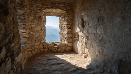 Stone room ruins view mountains scenic light