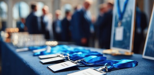 Conference table with name badges meeting backdrop