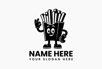 Cartoon french fries mascot vector logo character with smiling face and arms, suitable for children's activities. Food concept