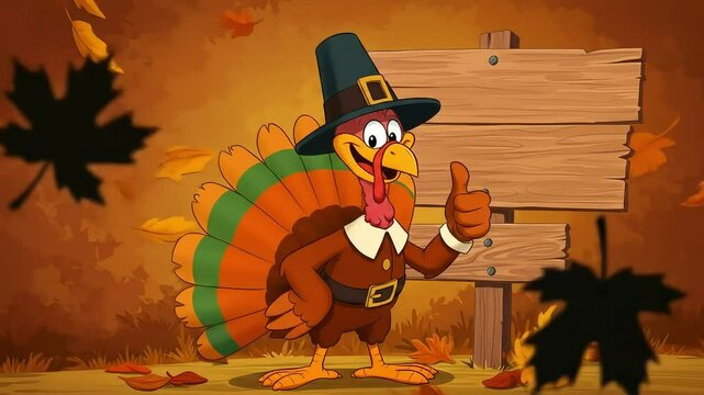 Thanksgiving Cartoon Turkey in Pilgrim Hat with Wooden Sign