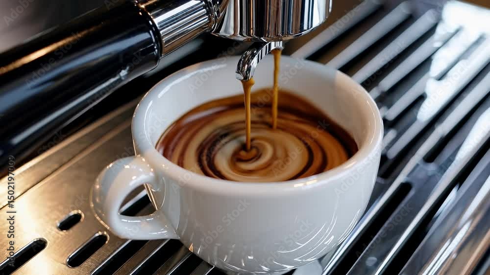 Poster close-up of espresso pouring into a white cup, creating a swirl pattern. coffee, espresso, and swirl