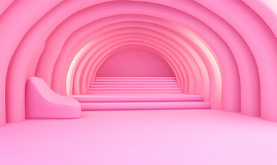 Obraz premium Abstract pink archway tunnel with stairs and modern pink seat. Ideal for product displays, backgrounds, or minimalist designs.