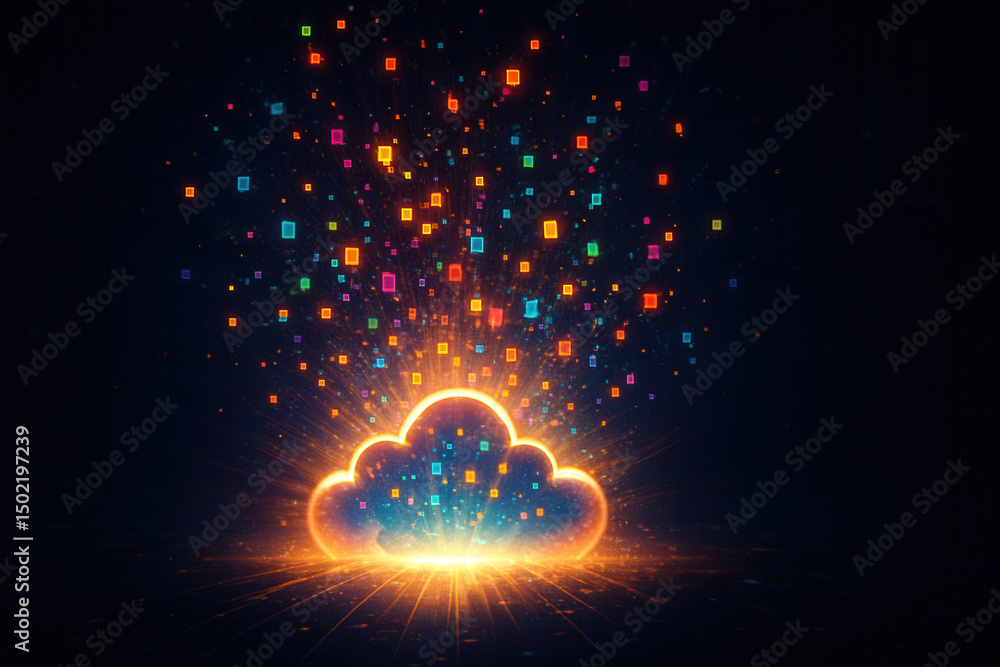 Aufkleber cloud gaming and streaming concept. Digital cloud with colorful data particles illuminating the dark background.