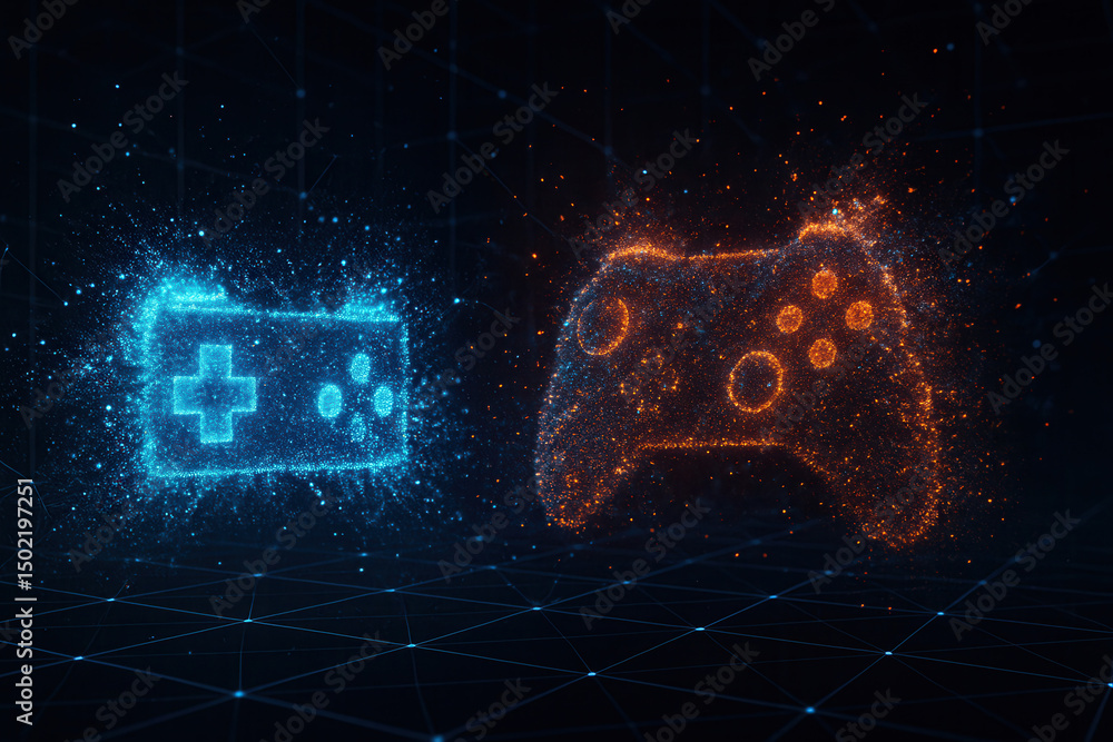 Leinwandbilder cloud gaming and streaming concept. Digital game controllers represented with particle effects.