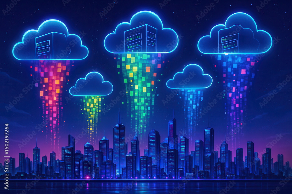 Aufkleber cloud gaming and streaming concept. futuristic city skyline with cloud computing elements raining da