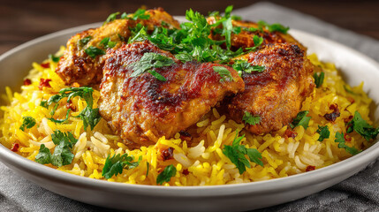 Fototapeta premium Closeup of a Delicious Spiced Chicken Dish Served over Golden Yellow Rice, Garnished with Fresh Herbs