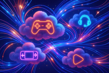 cloud gaming and streaming concept. Colorful cloud icons depicting gaming and multimedia concepts.