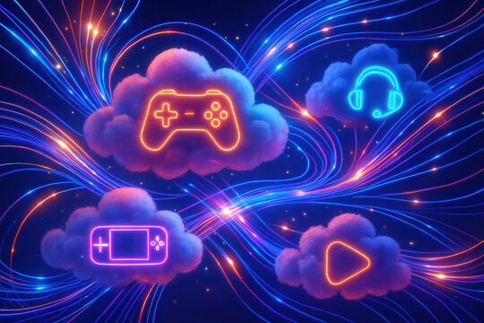 cloud gaming and streaming concept. Colorful cloud icons depicting gaming and multimedia concepts.