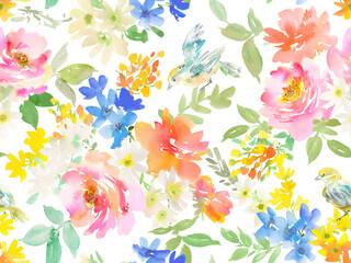 PNG Seamless pattern of abstract pink and orange peonies, birds and wild flowers painted in watercolor. Floral wallpaper with transparent background. Hand painted botanical pattern.