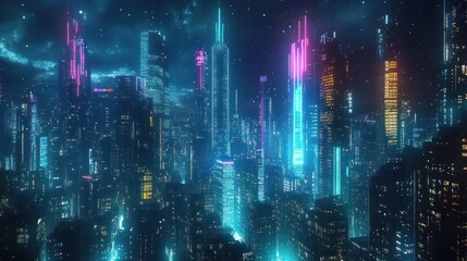Obraz premium Futuristic metropolis illuminated by vibrant neon lights, night cityscape