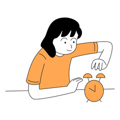 Outline a flat art illustration of a business woman completing a task with a short deadline