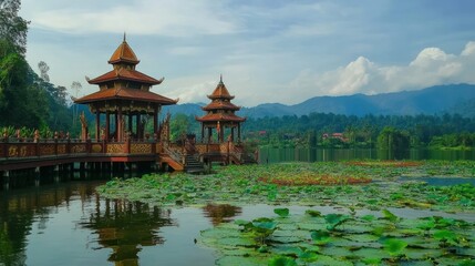 Obraz premium A tranquil view of a beautiful lake with pagodas in the middle and lush scenery