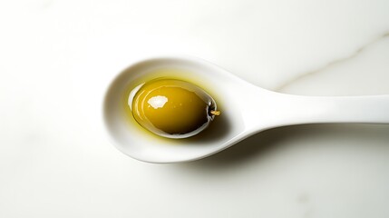 A single olive in a white ceramic spoon with olive oil