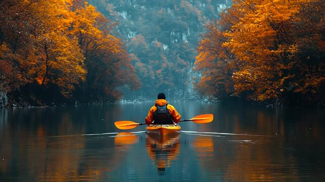Kayaker on a calm river surrounded by autumn foliage.