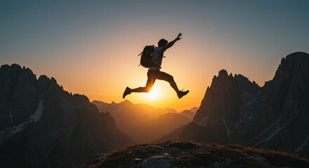 Silhouette of a man jumping on a mountain peak with a backpack at sunset against a bright sky