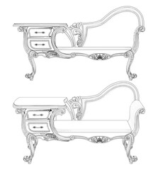Antique Sofa With Two Drawers And Table Vector. Illustration Of Sofa Bed Isolated On White Background.