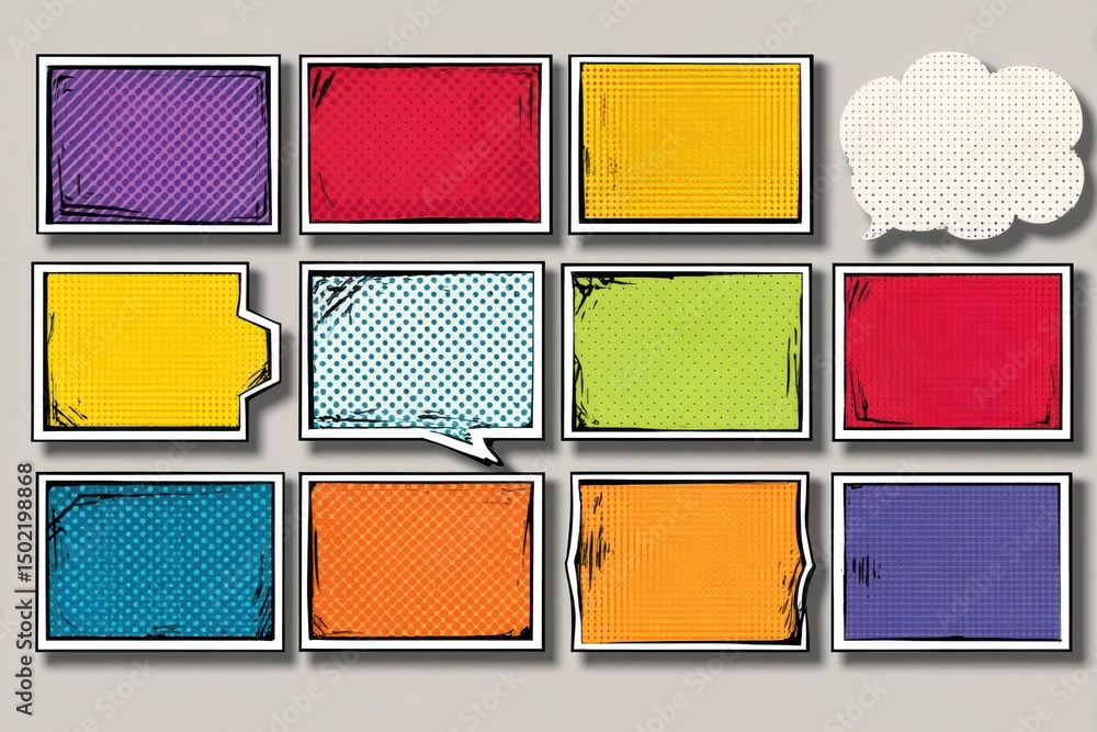 Poster colorful comic-style sticker pack featuring halftone shadows and an empty center space for customiza