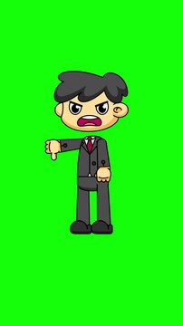 Angry Businessman Thumbs Down. Chibi Cartoon Character Disapprove Gesture Loop 