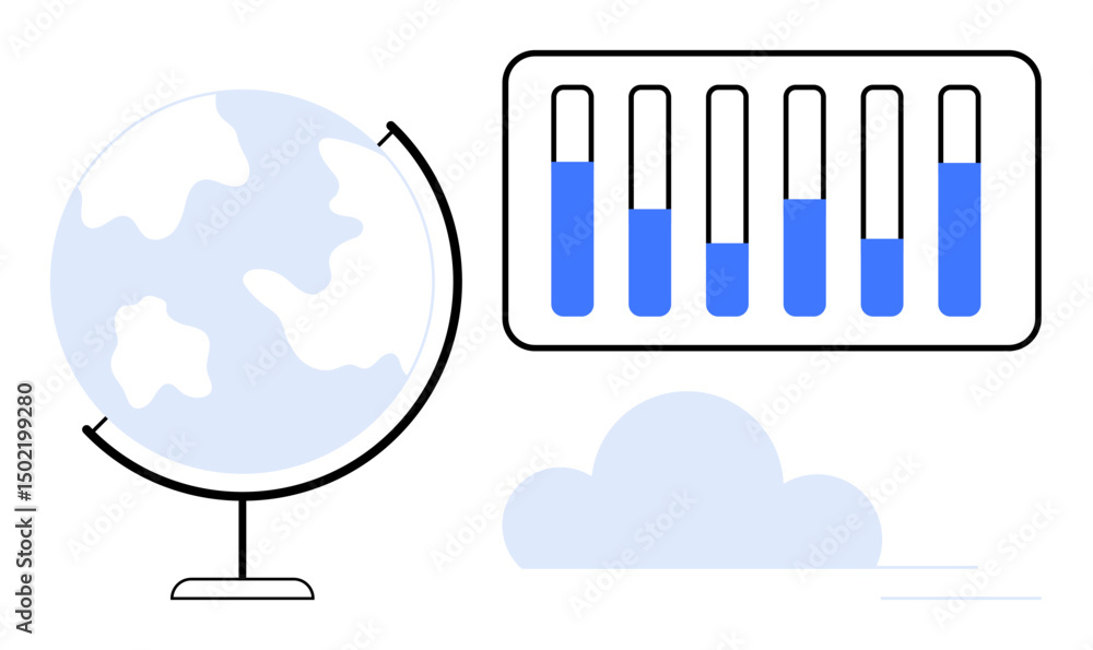Poster globe with continents alongside vertical bar chart showcasing data and cloud element. ideal for educ
