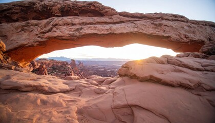 Natural rock arch framing distant mountains; golden sunlight glowing