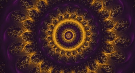 Golden fractal spiral with intricate details and purple accents, creating a mesmerizing hypnotic effect