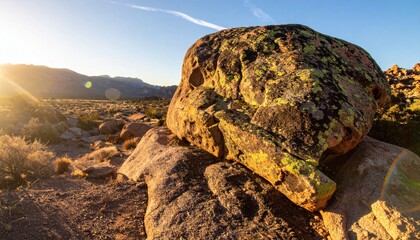 Sunlight drapes a lichen-covered boulder in desert terrain