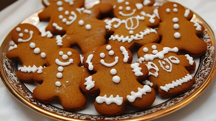 Festive gingerbread men cookies on a plate.