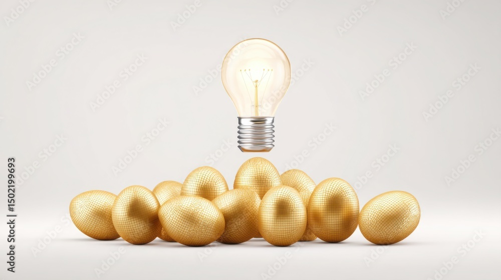 Poster illuminating idea represented by a light bulb surrounded by gleaming golden eggs symbolizing investm