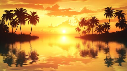 Tropical island at sunset, reflected in calm water.