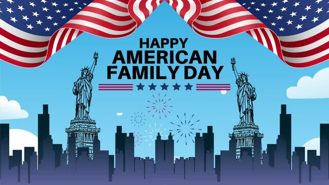 American Family Day, background American flags and iconic American corporate buildings and statues 