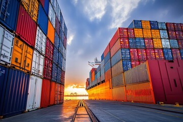 Colorful shipping containers at sunset with dramatic clouds