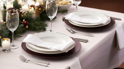 Elegant and beautifully set table with pristine tableware, ready for a special occasion or festive meal. The arrangement includes plates, silverware, and glassware, adorned with a festive touch