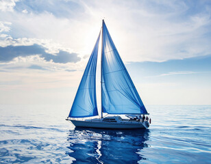 Fototapeta premium Serene sailboat glides across calm waters, its vibrant blue sails catching sunlight, creating picturesque scene of tranquility and adventure on open sea