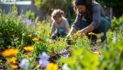 Parent & child tending vibrant flower garden, outdoors on a sunny day