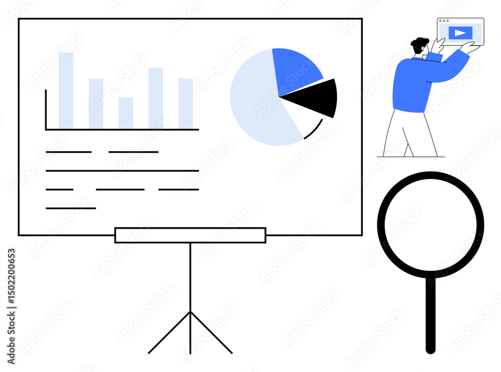 Poster presenter analyzing charts and graphs on display screen, magnifying glass highlighting detail. ideal