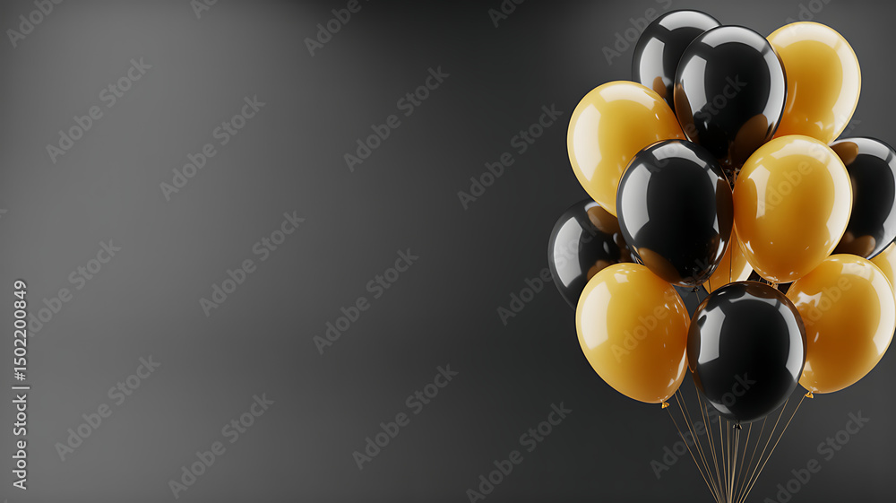 Poster black and gold helium balloons clustered on the right over a matte dark gray background with soft sh