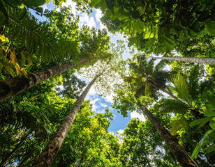 Fototapeta premium Lush jungle canopy filled with vibrant green foliage and towering trees reaches towards bright blue sky, creating serene and tranquil atmosphere in nature