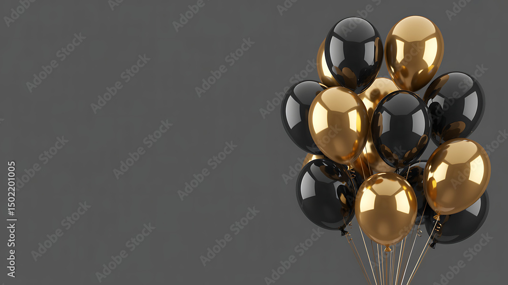 Poster black and gold helium balloons clustered on the right over a matte dark gray background with soft sh