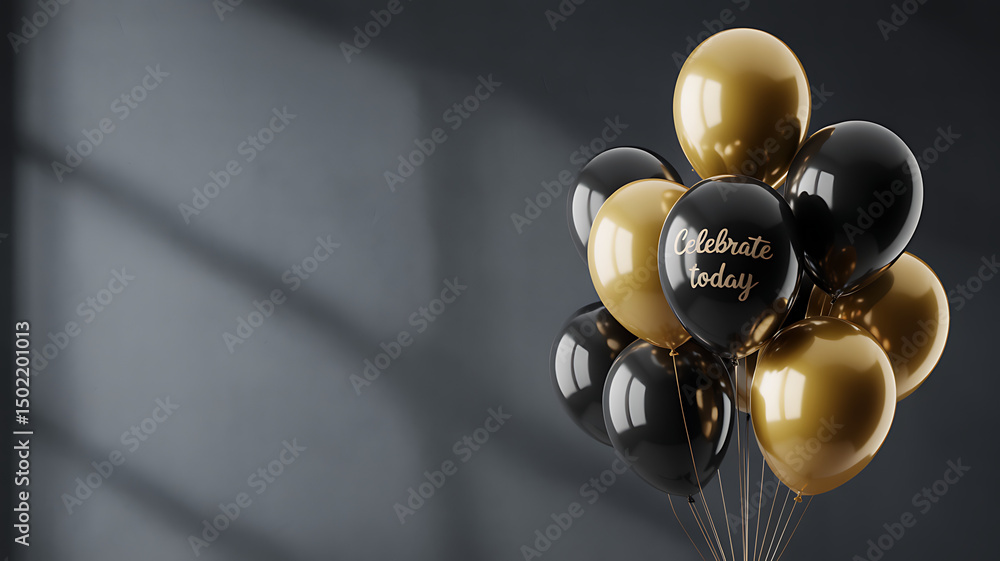 Poster black and gold helium balloons clustered on the right over a matte dark gray background with soft sh