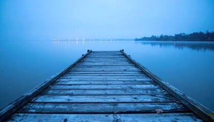 Fototapeta premium Dock extends into tranquil water on a foggy, blue-toned dawn, stillness prevails
