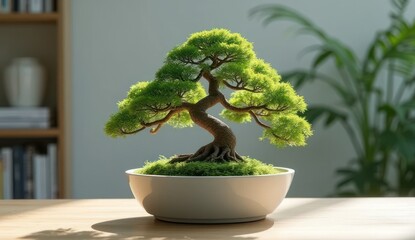 Small bonsai tree in a pot with fresh green leaves and garden herbs