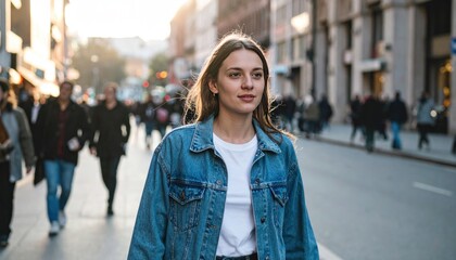 Woman in denim jacket, city street backdrop. Blurred people surround her, sunlight behind