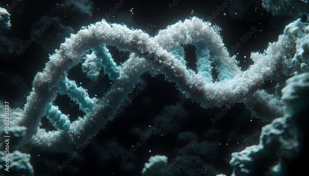 Poster abstract 3d rendering of dna double helix, textured with icy particles, floating in dark space. idea
