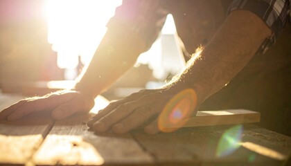 Sunlit woodworker's hands on wood, creating art in warm, natural light